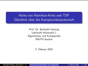 HÃ¤rte von Hamilton-Kreis und TSP Ãberblick - Lehrstuhl Informatik 1