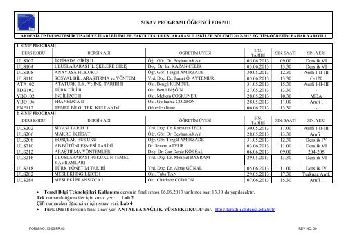 SINAV PROGRAMI ÃÄRENCÄ° FORMU ULS102 05.06.2013 09.00 ...