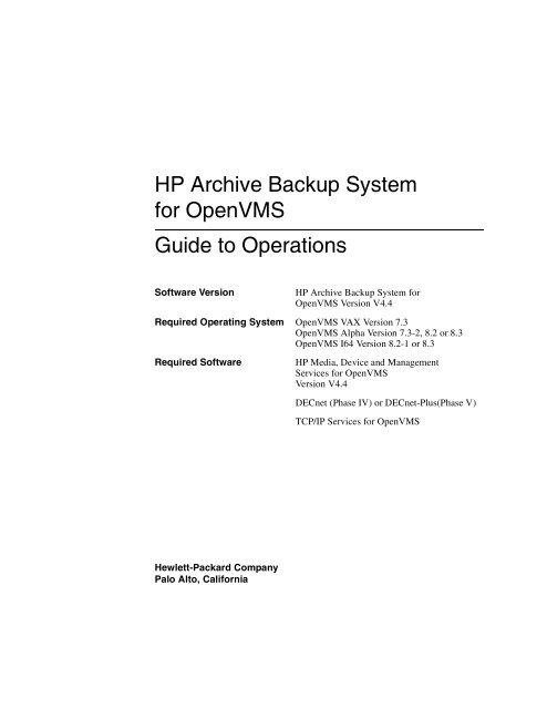 HP Archive Backup System for OpenVMS Guide to Operations
