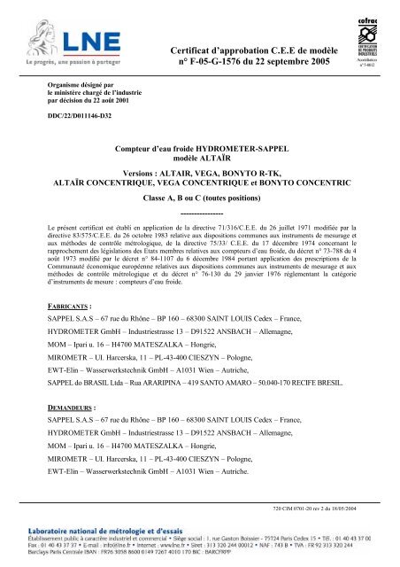 Certificat Dapprobation Cee De Modèle N F 05 G 1576 Du
