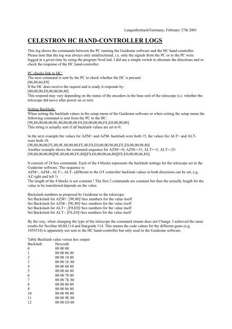 CELESTRON HC HAND-CONTROLLER LOGS - DD1US