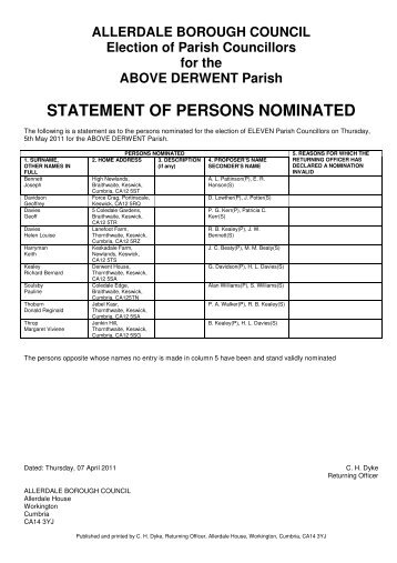 STATEMENT OF PERSONS NOMINATED - Allerdale Borough Council