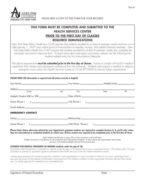 Complete Health and Immunization Forms - Adelphi University