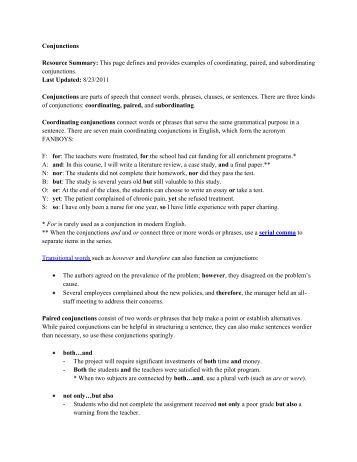 Subordinating Conjunctions MEMORIZE THIS LIST!