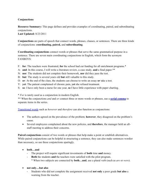 FANBOYS QUIZ on Coordinating Conjunctions