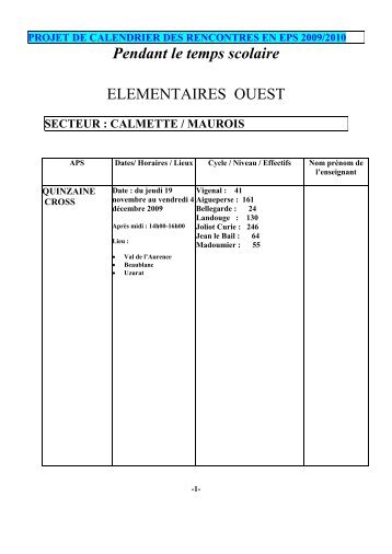 calendrier élémentaire OUEST - circonscription de Limoges 2