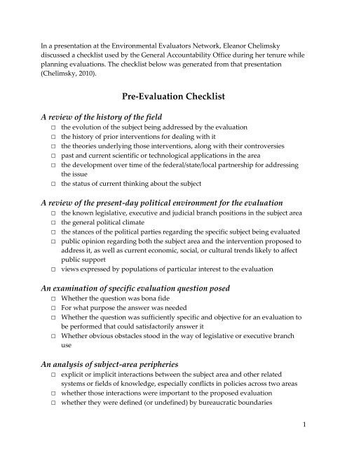 Pre-Evaluation Checklist - Environmental Evaluators Network