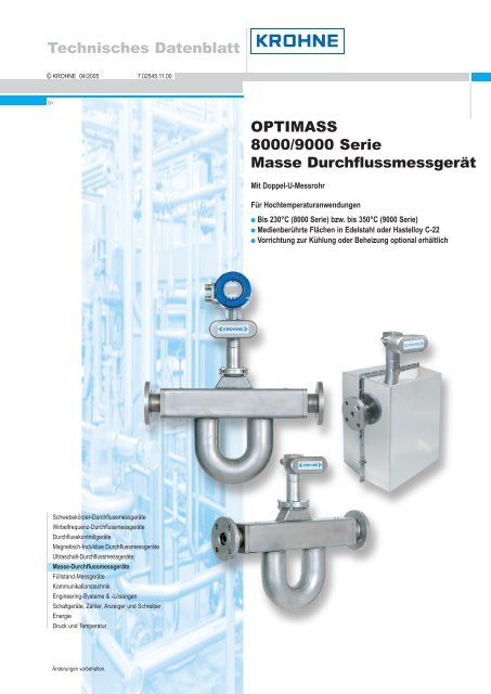 Technisches Datenblatt OPTIMASS 8000/9000 Serie Masse - Krohne