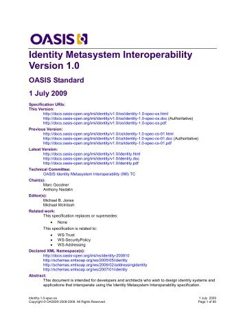 OASIS Specification Identity Metasystem Interoperability Version 1.0