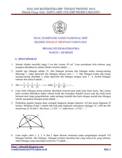 Soal osn matematika smp tingkat kabupaten