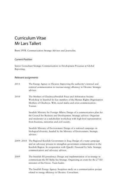 Curriculum Vitae Mr Lars Tallert - Global Reporting