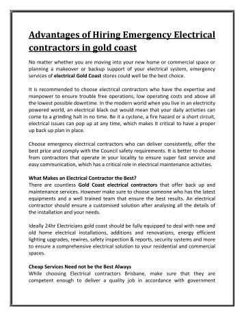 Advantages of Hiring Emergency Electrical contractors in gold coast