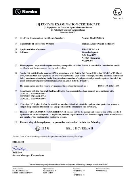 1 Ec Type Examination Certificate Ii 2 G Eex D Tranberg