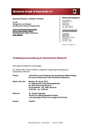 Einladung Mietrecht Dr. Pogrzeba 28.01.2013 - Bochumer Anwalt