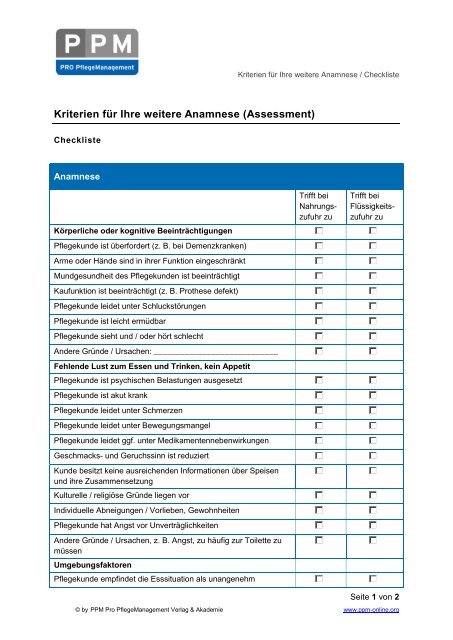 Kriterien fÃ¼r Ihre weitere Anamnese (Assessment)