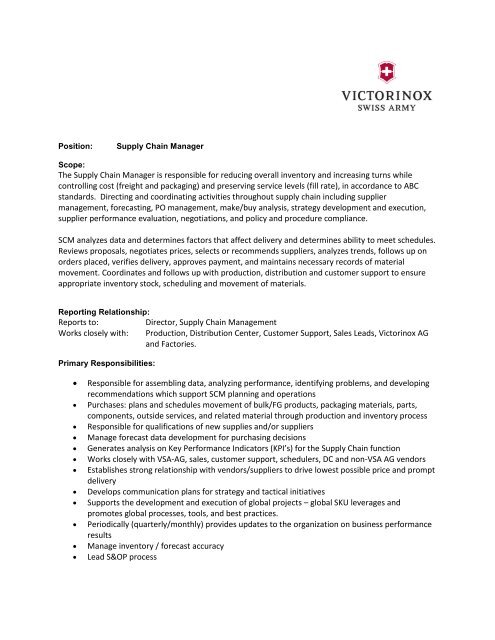 The Supply Chain Manager is responsible for reducing ... - Victorinox
