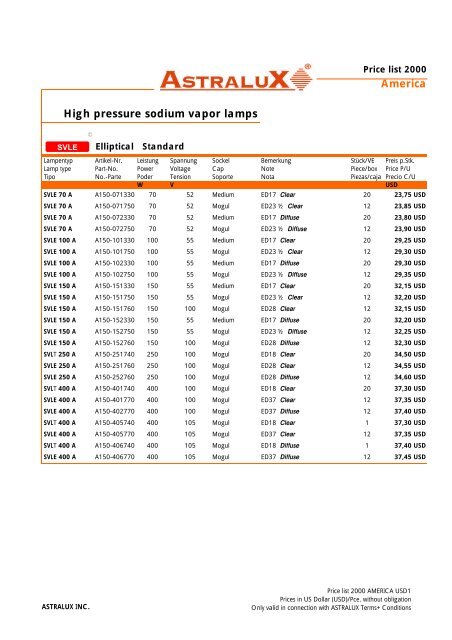 ASTRALUX Price List 2002 AMERICA USD1 - Laumayer