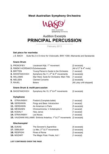 PRINCIPAL PERCUSSION - West Australian Symphony Orchestra