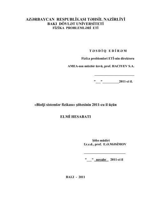 azÉrbaycan respublikasÄ± tÉhsil nazirliyi - BakÄ± DÃ¶vlÉt Universiteti