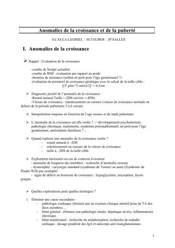 Anomalies de la croissance et de la pubertÃ© I. Anomalies de la ...