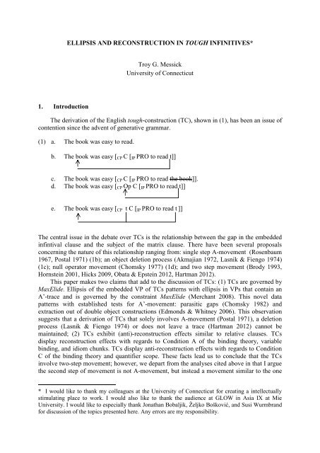 ELLIPSIS AND RECONSTRUCTION IN TOUGH INFINITIVES* Troy ...