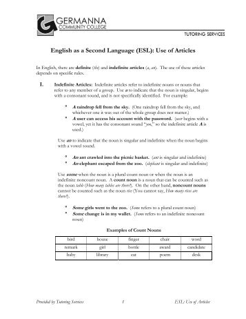 English as a Second Language (ESL): Use of Articles