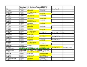 Warringah CC Canteen Roster 2012/13