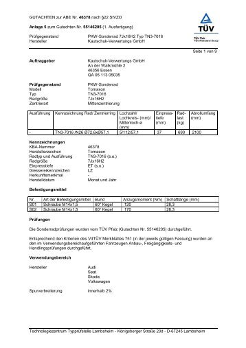 GUTACHTEN zur ABE Nr. 46378 nach §22 StVZO ... - Tomason