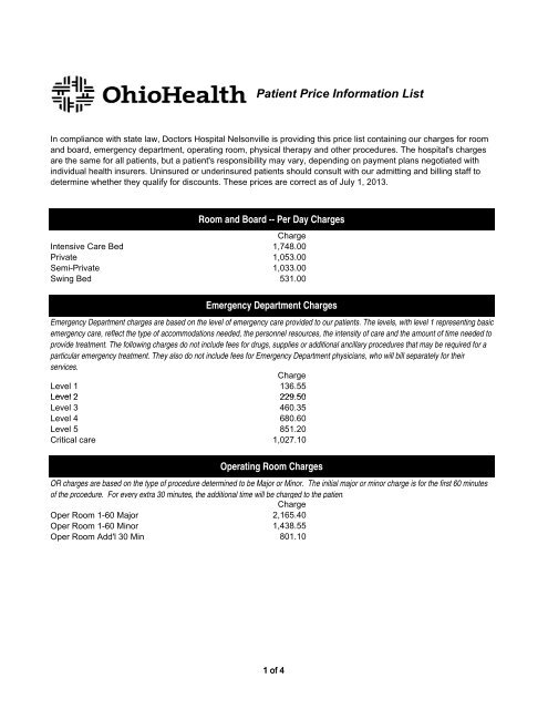Patient Price Information List Ohiohealth