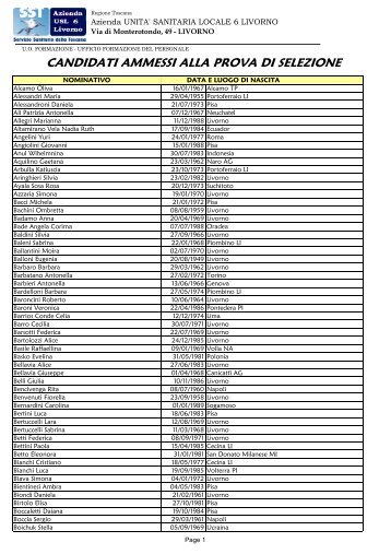 Elenco ammessi alla prova di selezione - USL 6 - Livorno