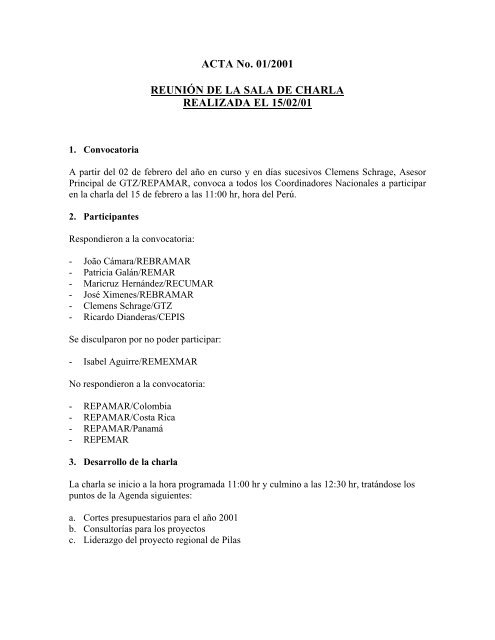 ACTA No. 01/2001 REUNIÃN DE LA SALA DE CHARLA ... - BVSDE