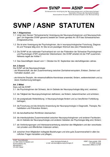 Statuten SVNP - Association suisse des neuropsychologues