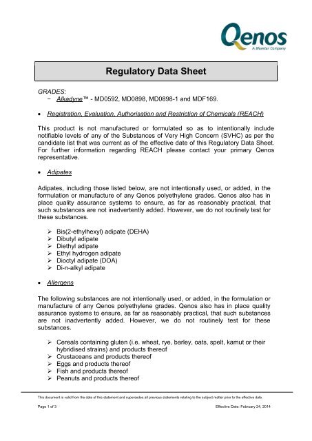 Regulatory Data Sheet - Qenos