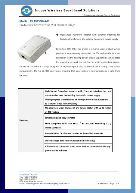 Flylnes 85 Specification.pdf PLB85N6-AC_data sheet.pdf - SKYVERTEX