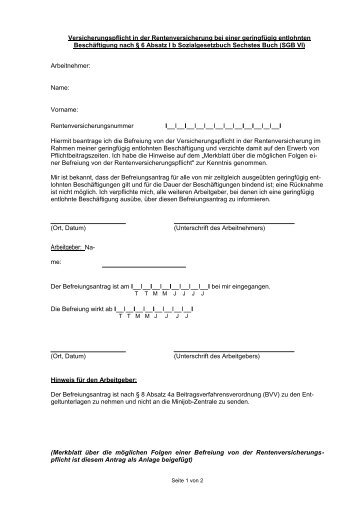 Antrag auf Befreiung der Versicherungspflicht bei Aushilfen (ab 2013)