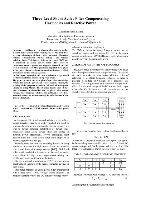 Three-Level Shunt Active Filter Compensating Harmonics and ...