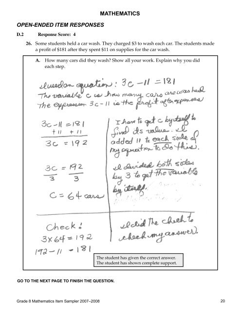 2007-2008 Grade 8 Mathematics Item and Scoring Sampler