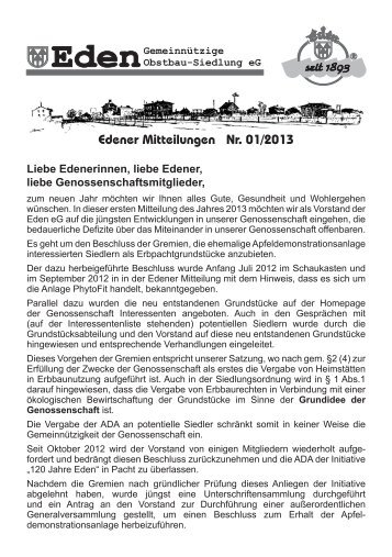Edener Mitteilungen, MÃ¤rz 2013 - Eden-Stiftung