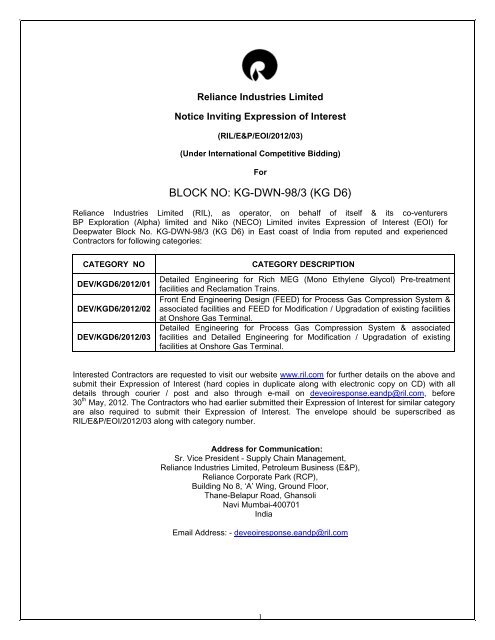 Block No Kg Dwn 98 3 Kg D6 Reliance Industries Ltd