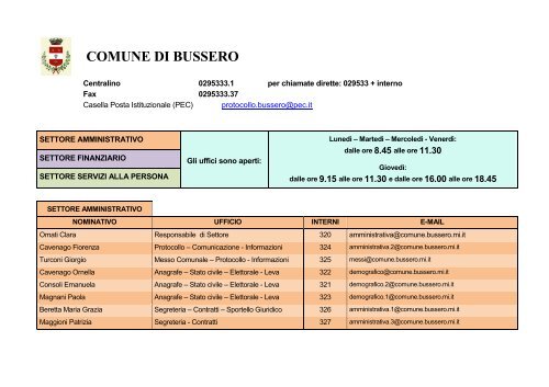 ORARI E CONTATTI UFFICI - Comune di Bussero