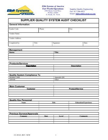 supplier quality system audit checklist - Elbit Systems of America