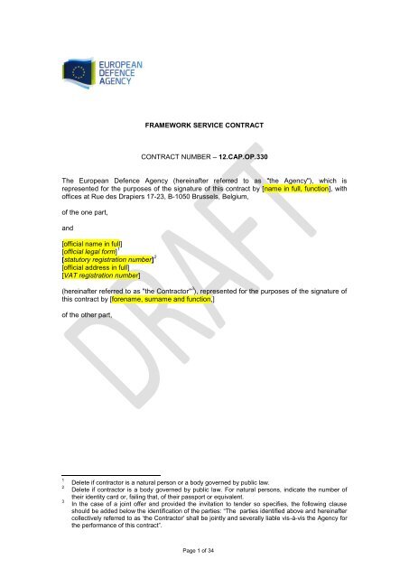 12.CAP.OP.330 Draft Contract - European Defence Agency - Europa