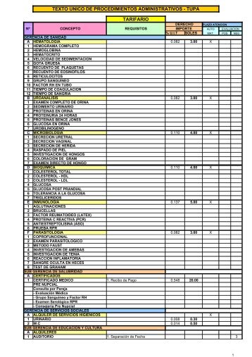 texto unico de procedimientos administrativos - tupa tarifario