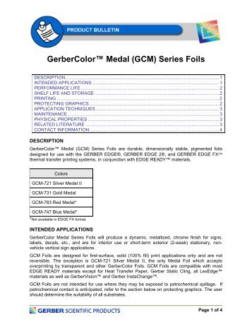 GerberColorâ¢ Medal (GCM) Series Foils - Gerber Scientific Products