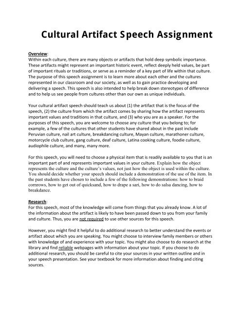 Cultural Artifact Speech Assignment Fountainhead Press Cultural Artifact Speech Assignment Fountainhead Press