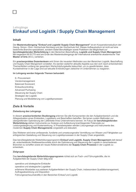 Einkauf und Logistik / Supply Chain Management - GSO-MI NÃ¼rnberg