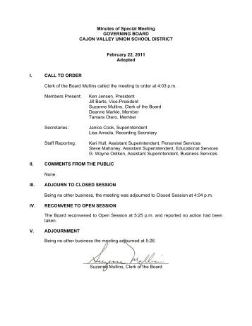 Minutes of the Regular Meeting - Cajon Valley Union School District