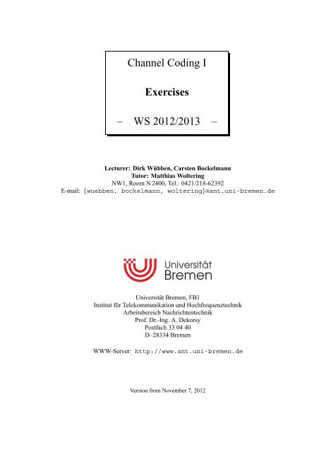 Channel Coding I Exercises â WS 2012/2013 â - UniversitÃ¤t Bremen