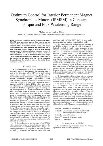 Optimum Control for Interior Permanent Magnet Synchronous Motors