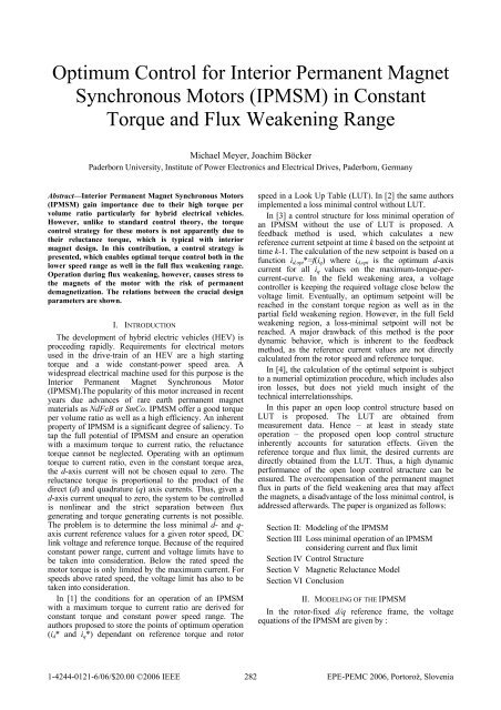 Optimum Control for Interior Permanent Magnet Synchronous Motors